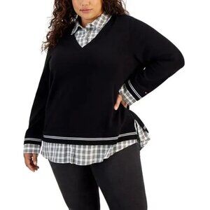 Tommy Hilfiger Womens Plus Size Layered-Look Cotton Sweater 2X Black/Ivory NWOT